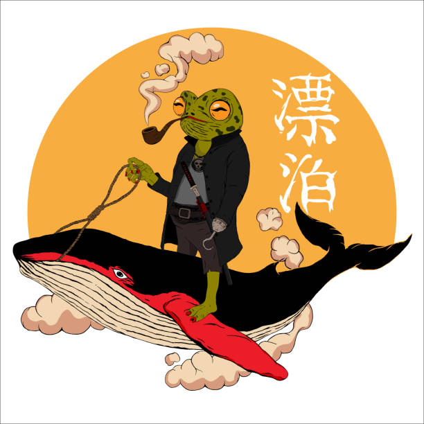 ilustrações de stock, clip art, desenhos animados e ícones de japanese samurai frog riding whale creative fantasy character illustration vector - monster cartoon bizarre characters