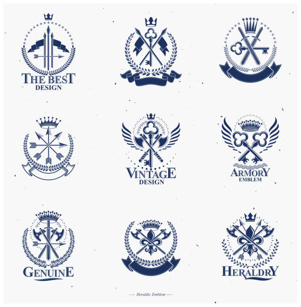 ilustraciones, imágenes clip art, dibujos animados e iconos de stock de set de emblemas de arma vintage. heráldica escudo, colección de emblemas de vectores vintage. - guard of honor