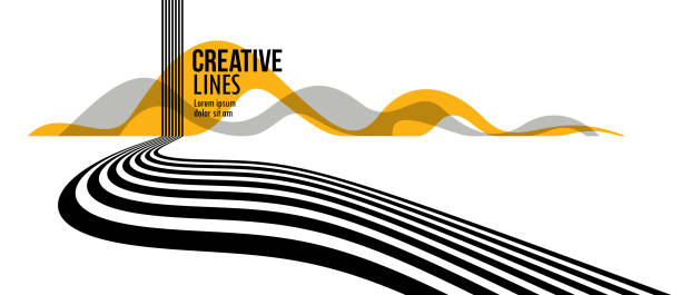 Future lines in 3D perspective vector abstract background, black and yellow linear composition, road to horizon and sky concept, optical illusion op art.