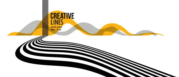 Vector illustration of Future lines in 3D perspective vector abstract background, black and yellow linear composition, road to horizon and sky concept, optical illusion op art.