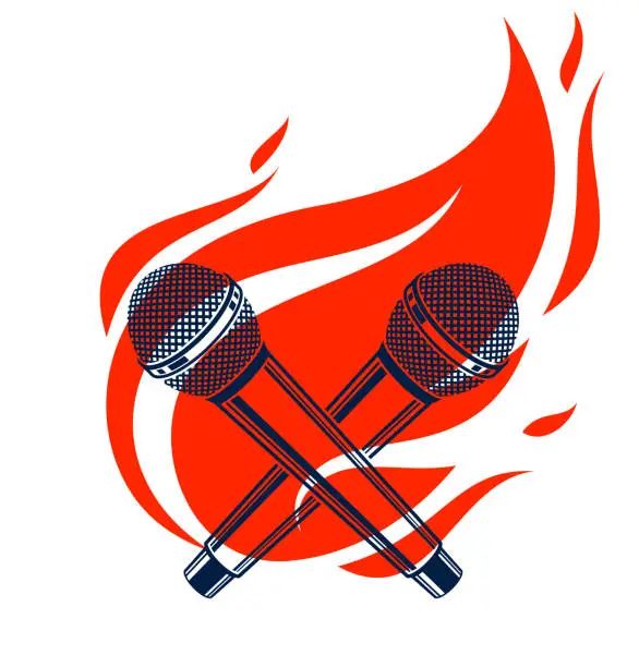 Vector illustration of Two microphones crossed on fire, hot mic in flames, rap battle rhymes music, karaoke singing, vector logo or illustration, concert festival or night club label, t-shirt print.