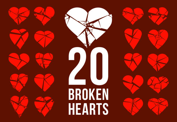 Hearts broken to pieces like a glass vector logos or icons set, broken heart concept, breakup or divorce, heartbreak regret, separated couple, tragic love. Hearts broken to pieces like a glass vector logos or icons set, broken heart concept, breakup or divorce, heartbreak regret, separated couple, tragic love. divorce patterns stock illustrations