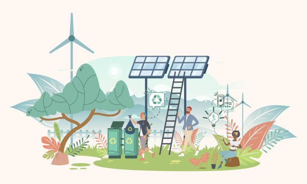 ilustrações de stock, clip art, desenhos animados e ícones de solar energy panels and wind turbines. renewable energy concept. - alternative energy illustrations