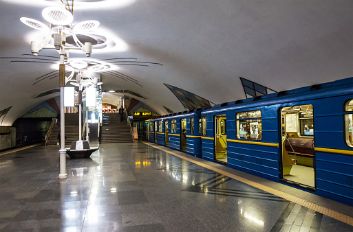 Metro train outdoors at Passy neighborhood in Paris, France.