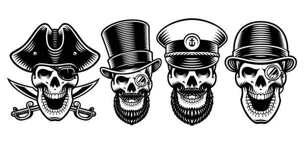 Vector illustration of a Set of vector black and white skulls