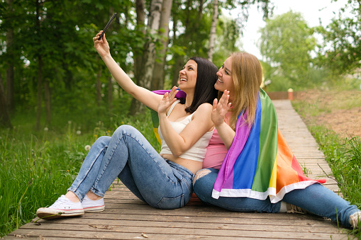 Pride concept. Young happy couple of Caucasian women with LGBT flag communicate via video communication holding phone and waving their hand in sign of welcome while sitting in nature on wooden path