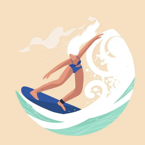 Vector illustration of Vector illustration of a girl on the surf in a swimsuit with blond hair, round, circle flat design, vacation mood.