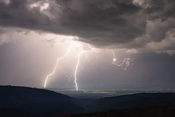 Lightning strikes during a summer thunderstorm in the northern Black Forest in the district of Rastatt