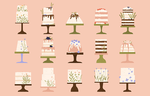 Boho wedding or birthday cake collection. Pressed flower summer wedding cake set. Delicious desserts aesthetic. Sweet holiday food. Vector illustration in cartoon style. Isolated pink background