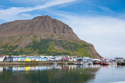 Port of town of Bolungarvik and mountain Tradarhyrna in Iceland