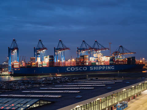 Hamburg, Germany, 8th of February 2020, Container ship of the company Cosco Shipping in the port of Hamburg