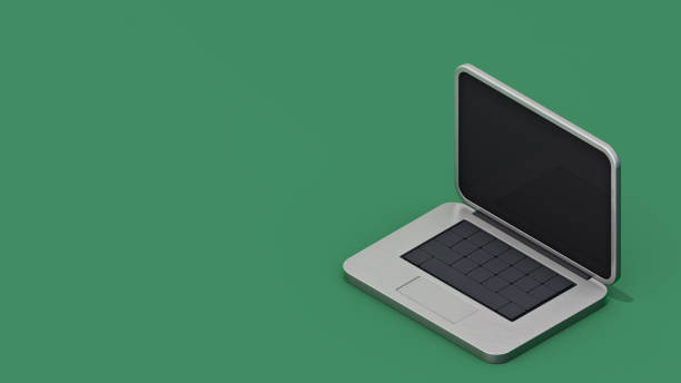 3D Illustration of Cute Laptop Computer Mockup Isolated on Isometric Horizontal Green Background with Clipping Mask stock photo