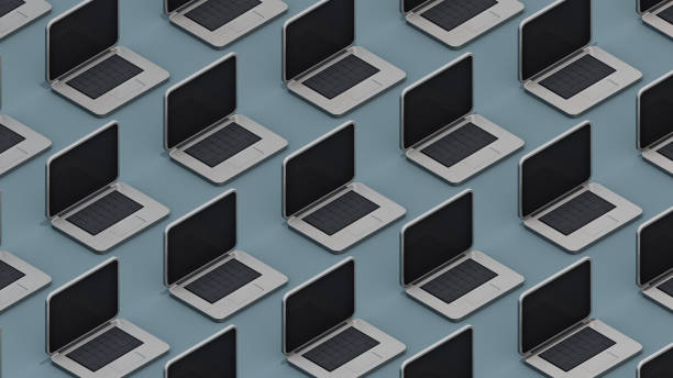 istock 3D Illustration of Cute Laptop Computer Pattern Mockup Isolated on Isometric Horizontal Pastel Blue Background with Clipping Mask 1401207876