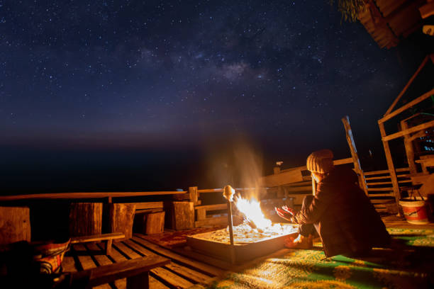 campfire under night sky with stars and milky way. night camping. hiking tourist have a rest in her campfire - 16019 imagens e fotografias de stock