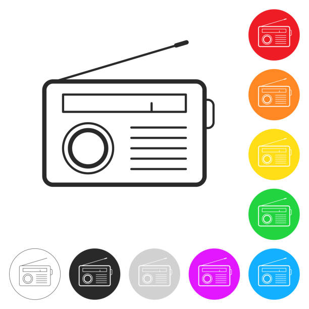 Radio. Icon on colorful buttons Icon of "Radio" isolated on white background. Includes 9 colorful buttons with a flat design style for your design (colors used: red, orange, yellow, green, blue, purple, gray, black, white, line art). Each icon is separated on its own layer. Vector Illustration with editable strokes or outlines (EPS file, well layered and grouped). Easy to edit, manipulate, resize or colorize. Vector and Jpeg file of different sizes. retro transistor radio clip art stock illustrations