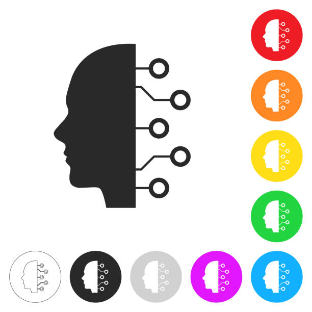 Human face and circuit board. Icon on colorful buttons Icon of "Human face and circuit board" isolated on white background. Includes 9 colorful buttons with a flat design style for your design (colors used: red, orange, yellow, green, blue, purple, gray, black, white, line art). Each icon is separated on its own layer. Vector Illustration with editable strokes or outlines (EPS file, well layered and grouped). Easy to edit, manipulate, resize or colorize. Vector and Jpeg file of different sizes. robot clipart stock illustrations