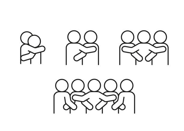 Pair and group people hug, line icons set. Embrace lover, friend, family, teamwork. Hope, support, care through social hugs. Vector outline signs illustration Pair and group people hug, line icons set. Embrace lover, friend, family, teamwork. Hope, support, care through social hugs. Vector outline signs together for yes stock illustrations