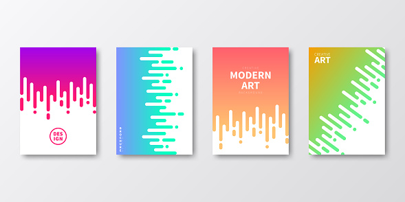 Set of four vertical brochure templates with modern and trendy backgrounds, isolated on blank background. Abstract colorful illustrations with rounded lines and beautiful color gradients (colors used: Red, Purple, Pink, Orange, Green, Blue, Turquoise, Yellow). Can be used for different designs, such as brochure, cover design, magazine, business annual report, flyer, leaflet, presentations... Template for your own design, with space for your text. The layers are named to facilitate your customization. Vector Illustration (EPS10, well layered and grouped), wide format (2:1). Easy to edit, manipulate, resize and colorize.