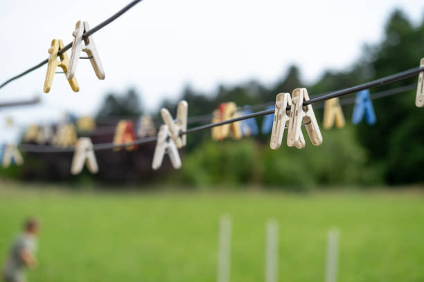 Colourful clips on the clotheslines.
