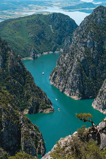 The view of the Kızılırmak River from Şahinkaya canyon in Vezürköprü, Samsun province, Black Sea Region. The view of the Kızılırmak River can be seen from the summit of the mountain. The view of the canyon was taken with a full frame camera in sunny weather.