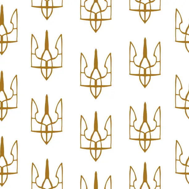 Vector illustration of Seamless Ukrainian pattern with cute doodle outline gold trident.