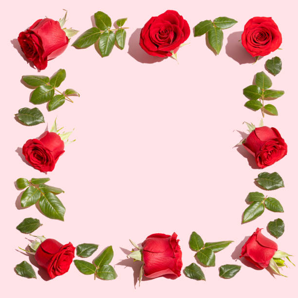 istock Creative flowers composition. Vintage frame made of red roses on pastel pink background. Minimal flat lay. Valentine's Day or love concept. 1401219951