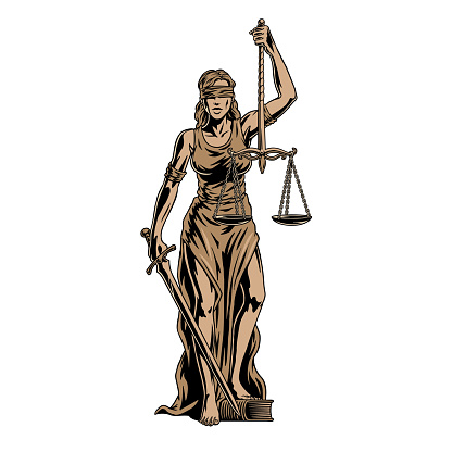 Themis goddess bronze sculpture isolated on white background. Lady justice with scales and sword in hands. Judiciary symbol. Vector illustration.