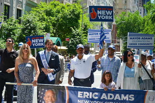 Mayor Eric Adams is seen marching through Fifth Avenue, New York City during the annual Greek Independence Day Parade on June 5, 2022.