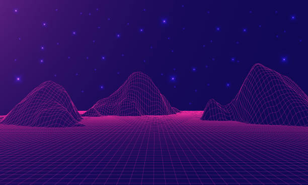 istock Vector illustrations of digital metaverse landscape with mountains, blue sky and stars in the background. 1401230780