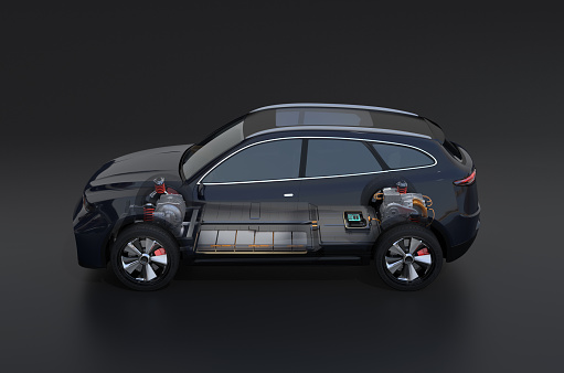 Electric SUV(Generic design) with battery packs composited in transparent mode. 3D rendering image.