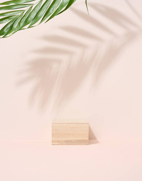 istock Wooden cube on a beige background with a shadow from a palm leaf. Stage for product demonstration 1401231838