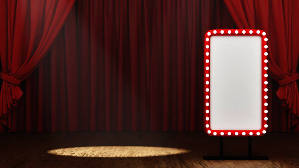istock Blank mock up red billboard with light bulb on stage theatre or opera with red curtain and Spotlight, 3D rendering. 1401233074