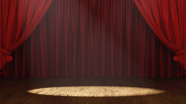 istock Empty Stage theater or opera with red curtain and Spotlight, 3D rendering. 1401233084