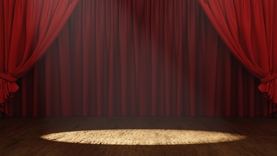 Empty Stage theater or opera with red velvet curtain and Spotlight, 3D rendering.