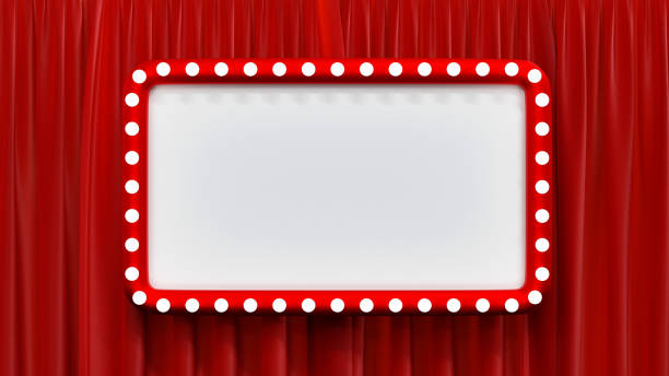 istock Blank mock up red billboard with light bulb on stage theatre or opera with red curtain and Spotlight, 3D rendering. 1401233112