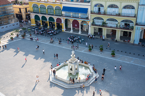 Aerial view of the old square, one of the most visited places in the tourist part of Havana. Havana. Cuba. December 30, 2019.