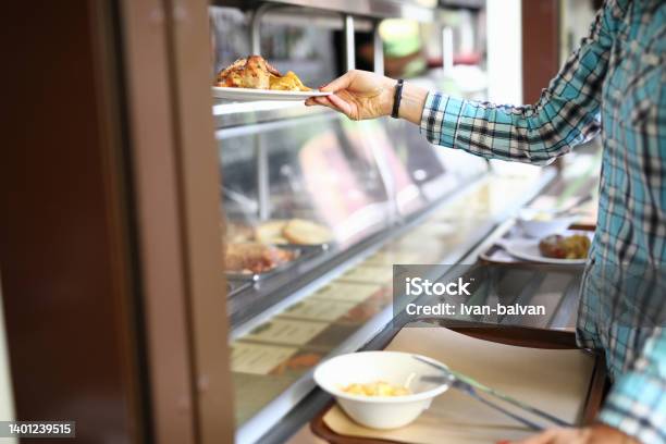 Woman Taking Plate With Lunch In Canteen Stock Photo - Download Image Now - Cafeteria, Education, Heat - Temperature