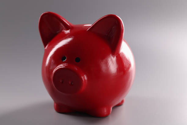 Close-up of red piggy bank on grey background, saving money. Finances, savings, success, and retirement concept