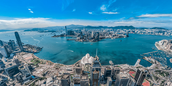 Vista aérea panorámica del paisaje urbano de Hong Kong photo