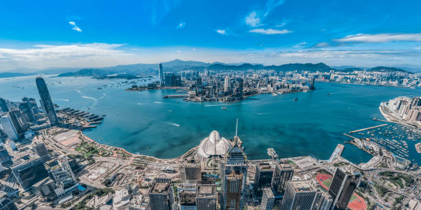 vista aérea panorámica del paisaje urbano de hong kong - hong kong fotografías e imágenes de stock