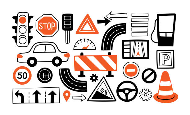 Hand drawn drive symbols set. Cars, road objects, traffic sign and automobile symbols in doodle style. Vector illustration isolated for driving school, car shops, auto parts store, service centers Hand drawn drive symbols set. Cars, road objects, traffic sign and automobile symbols in doodle style. Vector illustration isolated for driving school, car shops, auto parts store, service centers. traffic stock illustrations