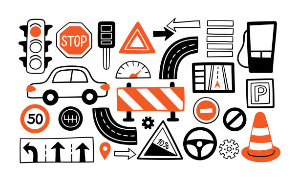 Hand drawn drive symbols set. Cars, road objects, traffic sign and automobile symbols in doodle style. Vector illustration isolated for driving school, car shops, auto parts store, service centers Hand drawn drive symbols set. Cars, road objects, traffic sign and automobile symbols in doodle style. Vector illustration isolated for driving school, car shops, auto parts store, service centers. stop sign illustrations stock illustrations