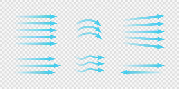Air flow. Set of blue arrows showing direction of air movement. Wind direction arrows. Blue cold fresh stream from the conditioner. Vector illustration isolated on transparent background Air flow. Set of blue arrows showing direction of air movement. Wind direction arrows. Blue cold fresh stream from the conditioner. Vector illustration isolated on transparent background. wave png stock illustrations