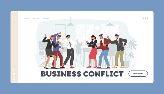 Angry Business Team Conflict Landing Page Template. Furious Men Women Quarrel and Fight, Characters Arguing in Office