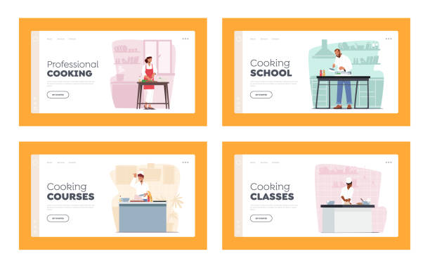 Characters Professional Cooking Landing Page Template Set. Men and Women in Toque and Apron Prepare Dinner on Kitchen Characters Professional Cooking Landing Page Template Set. Men and Women in Toque and Apron Prepare Dinner on Kitchen, Cutting Vegetables, Cook Fish or Chicken. Cartoon People Vector Illustration toque stock illustrations
