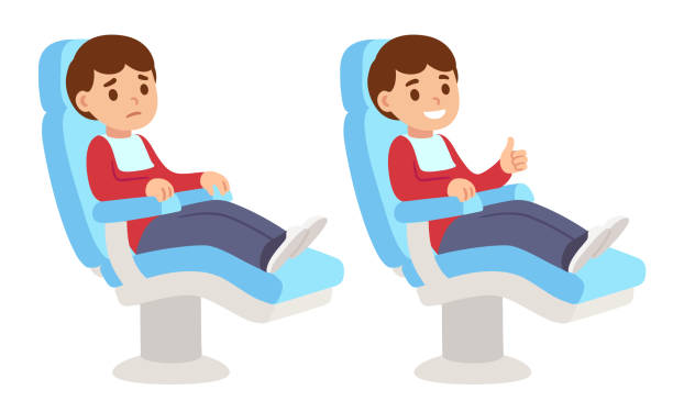 ilustraciones, imágenes clip art, dibujos animados e iconos de stock de lindo niño de dibujos animados en silla de dentista - dentist dentist office dentists chair cartoon