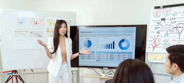 Business woman present graph chart form monitor in office stock photo