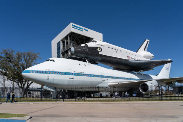 Boeing 747-123 ‘N905NA’ with replica Space Shuttle Orbiter “Independence” at Independence Plaza in Space Center Houston, Texas, USA on March 12, 2022. stock photo