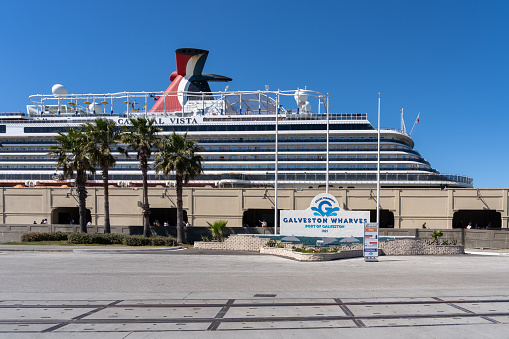 Galveston,  Texas, USA - March 12, 2022: Carnival Vista cruise ship at port of Galveston, Texas, USA on March 12, 2022. Carnival Vista is a cruise ship operated by Carnival Cruise Line.