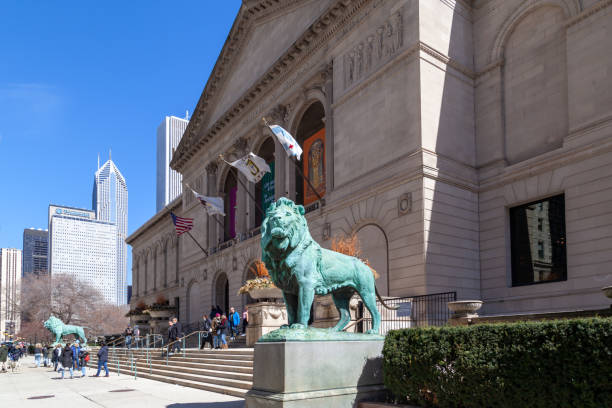 The Art Institute of Chicago is seen in Illinois, USA. Chicago, Illinois, USA - March 28, 2022: The Art Institute of Chicago is seen in Illinois, USA.  The Art Institute of Chicago is one of the oldest and largest art museums in the world. grant park stock pictures, royalty-free photos & images